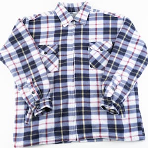 May include: A blue, white, red, and yellow plaid flannel shirt with a zipper closure. The shirt has two flap pockets on the chest and long sleeves.