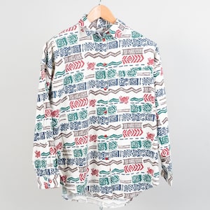 Vintage cotton shirt Navajo pattern white aztec pattern button up Size M 80s 90s