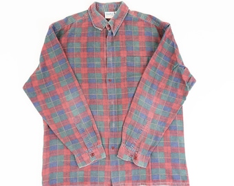80s vintage flannel lumberjack shirt button up grandpa shirt grey and red check pattern gender neutral Size L cotton shirt second hand