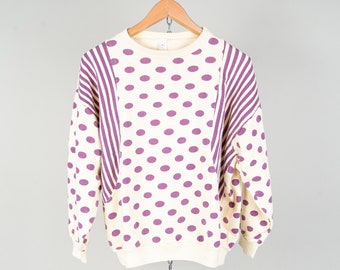 vintage sweatshirt jumper white purple crazy pattern Size M hard cotton 80s