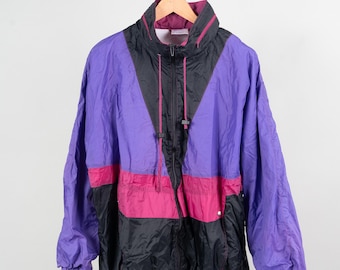90sヴィンテージJ&Rピンク配色ロングジャケットMサイズ Vintage Windbreaker Jacket Purple and Black Color Block Size