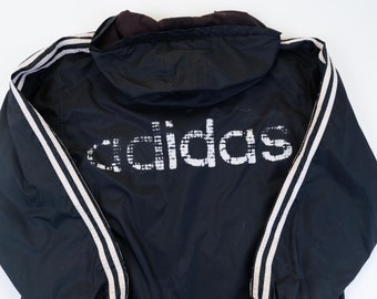 Size L Adidas windbreaker jacket hoodie black with white logo imprint outdoor sport jacket 90s aesthetic second hand clothing grunge