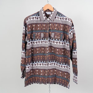 Vintage cotton shirt Navajo ethno pattern aztec brown oversize L 80s 90s