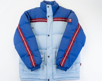 Vintage down parka 100% down jacket blue striped pattern Size M / L winter jacket gender neutral second hand gecko