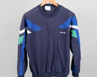 Vintage Adidas sweater sweatshirt crewneck blue green D8 Size L 80s