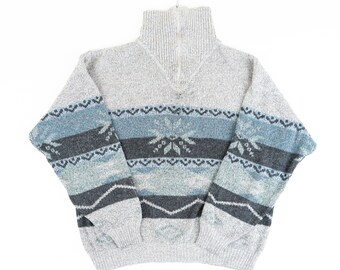 Vintage nordic sweater grandpa sweater gray and blue Size L gender neutral wool blend star pattern second hand clothing english style