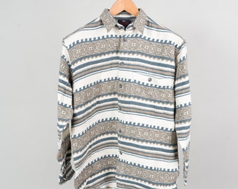 Vintage cotton / flannel shirt Navajo ethno pattern aztec white cream oversize 164 XS / S 80s 90s