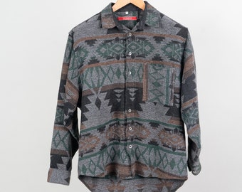 Vintage cotton / flannel shirt Navajo ethno pattern aztec brown oversize M 80s 90s