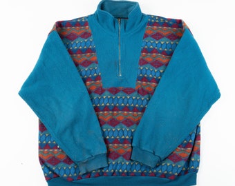 80s vintage fleece jumper pullover sweater turquoise crazy embroiled details gender neutral oversized 90s aesthetic second hand