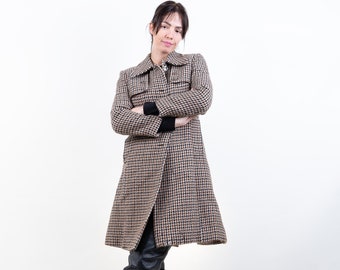 Vintage wool trench coat hooded check pattern Size S/Meter elegant parka english style sherlock style elegant wool blend coat second hand