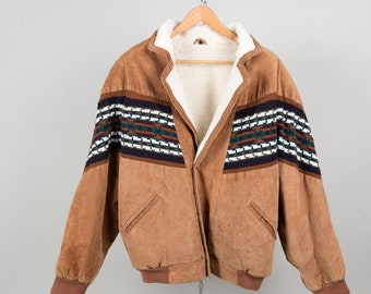 Vintage Navajo Jacket Size XL Ethno pattern lined Suede Leather Wool Jacket Teddy Lining 90s