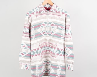 Vintage cotton shirt Navajo pattern white aztec pattern quarter zip Size L 80s 90s