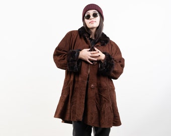 Vintage velor leather parka fur hem and sleeves bronze brown oversized 80s 90s