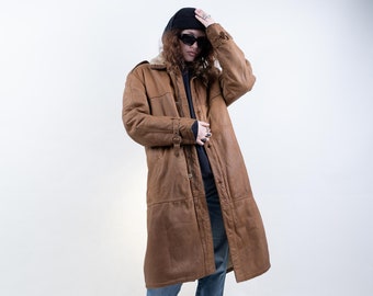 Vintage leather coat suede parka velor beige wool teddy fur hem Size L 80s