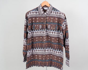 Vintage cotton shirt Navajo ethno pattern aztec brown oversize L 80s 90s