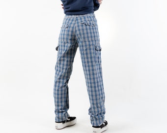 Vintage cargo check pants blue and white with pockets high waist Size M 80s 90s