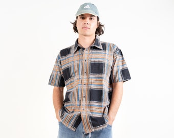 vintage cotton shirt short sleeve check pattern Size L XL 80s 90s