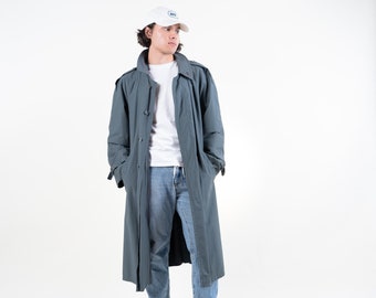 Vintage blue gray trench coat oversized gender neutral second hand clothing 80s 90s