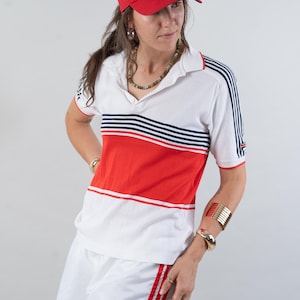 vintage Fila polo shirt 80s white and blue red striped pattern Size S cotton unisex gender neutral nona, nona clothing, vintage,  vintage online shop, gender neutral, vintage for men, vintage for woman, 80s aesthetics, 90s aesthetics, vintage berlin,