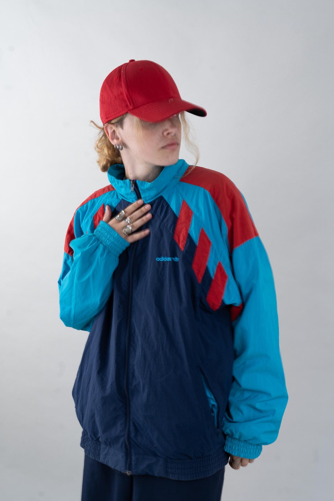 Vintage Adidas jacket blue red white color block Size L 80s 90s Etsy