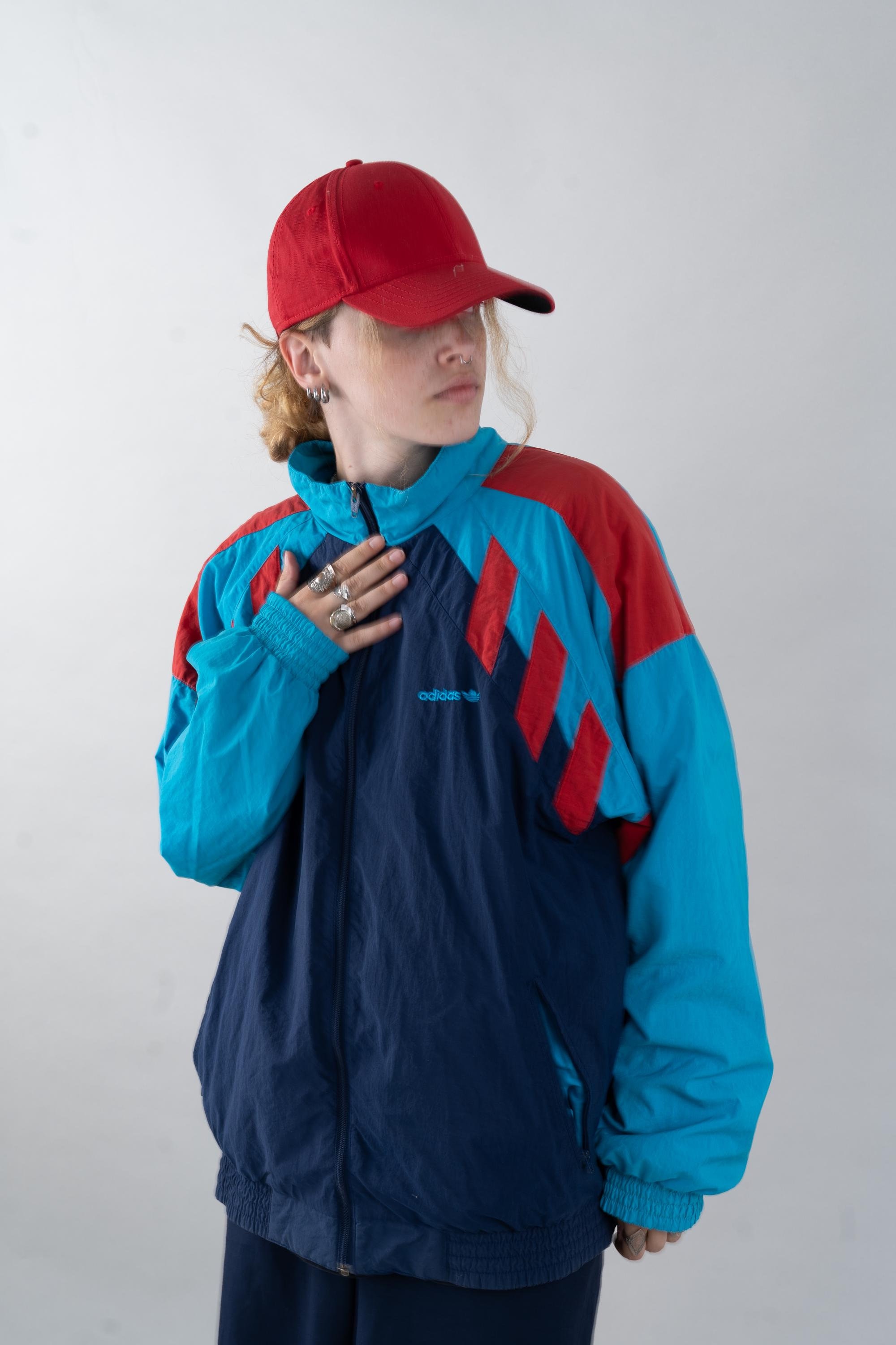Vintage Adidas jacket blue red white color block Size L 80s 90s Etsy