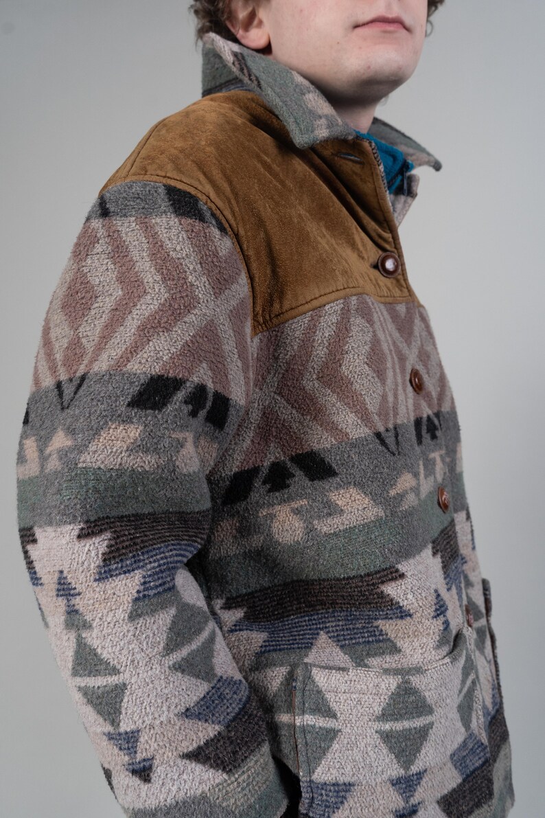 Vintage Wool Jacket Coat Navajo Aztec Gray Pattern Ethno Jacket