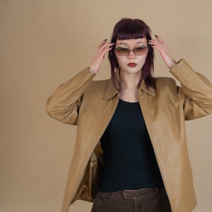 vintage leather jacket beige minimalist genuine leather jacket woman Size M 80s 90s