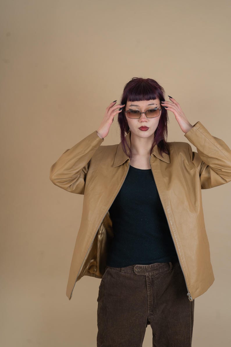 vintage leather jacket beige minimalist genuine leather jacket woman Size M 80s 90s