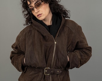 Authentic 80s Vintage Brown Suede Leather Cropped Biker Jacket with Hood Size M