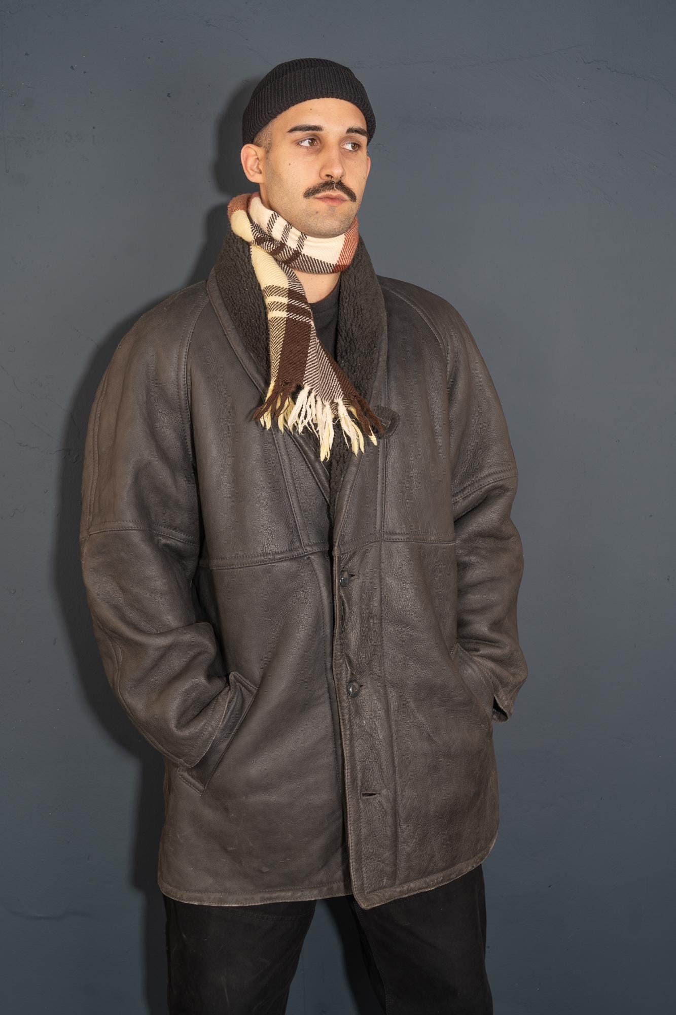 Vintage Leather Coat Suede Parka Velor Beige Wool Teddy Fur Hem