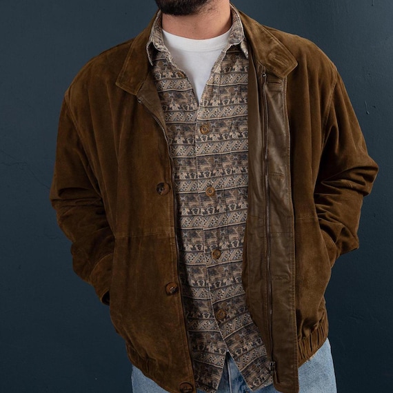 Euro Vintage 80〜90s suède leather jacket Vintage Euro Mono Leather Jacket: 80s Floral Suede, Plaid Lining