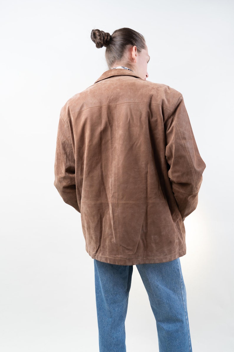80s vintage leather jacket casual basic minimalist brown beige jacket velor leather jacket Size M gender neutral second hand clothing y2k image 7