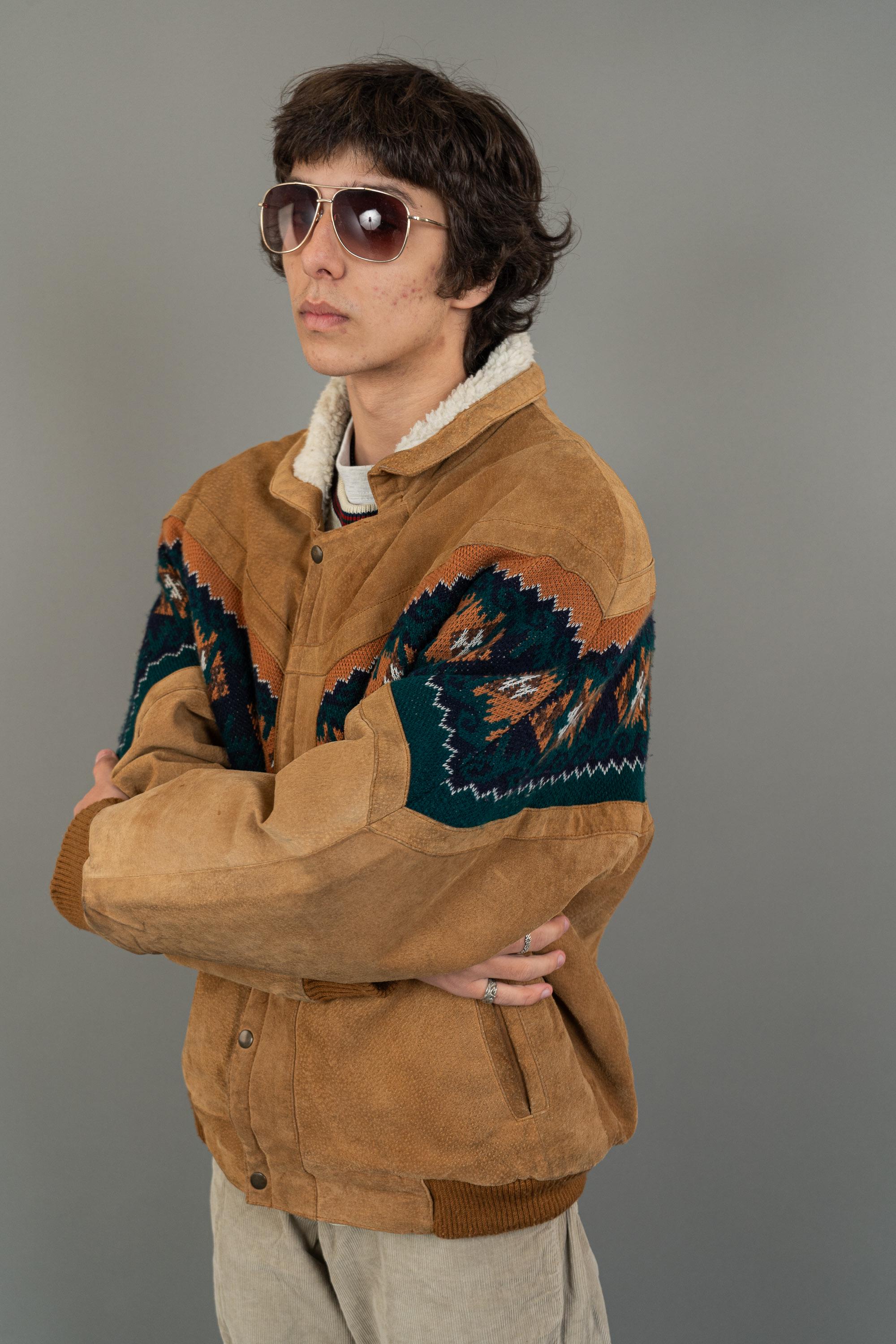 Vintage Aztec Sherpa Bomber Jacket Suede Leather Man XXL Woman