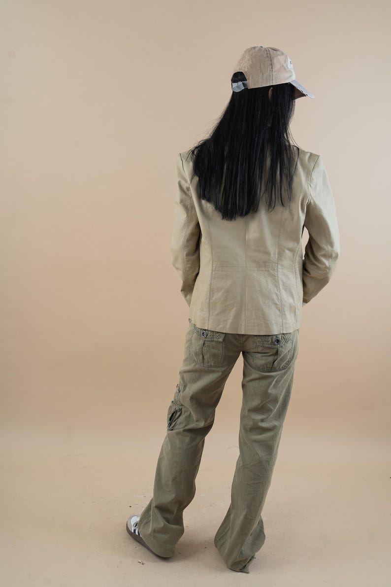 vintage leather jacket beige minimalist genuine leather jacket woman Size M 80s 90s