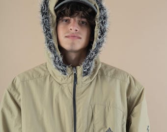 Vintage Y2k Adidas Puffer Jacket Cream Beige Fur Hoodie Size L