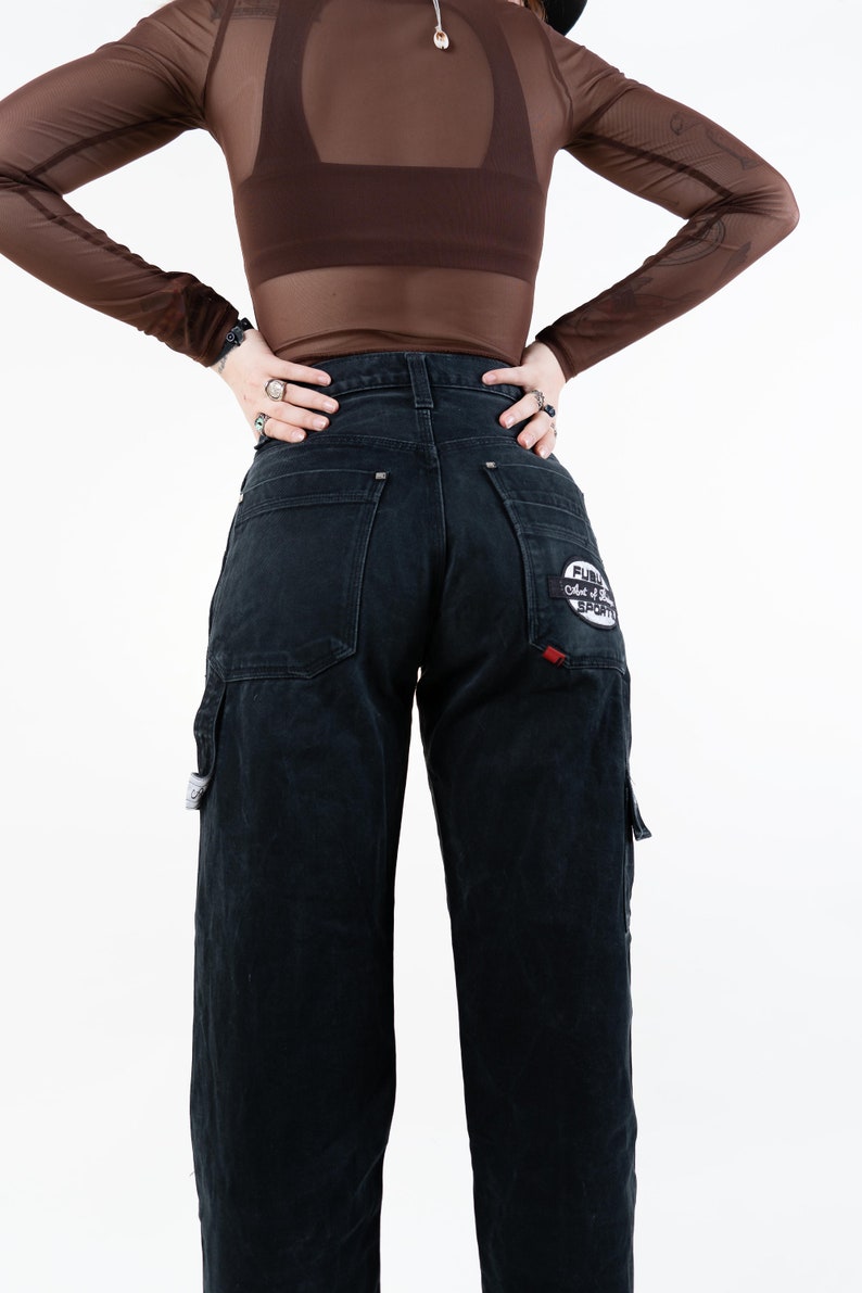 Vintage cargo denim pants black with pockets high waist Size S 80s 90s image 1