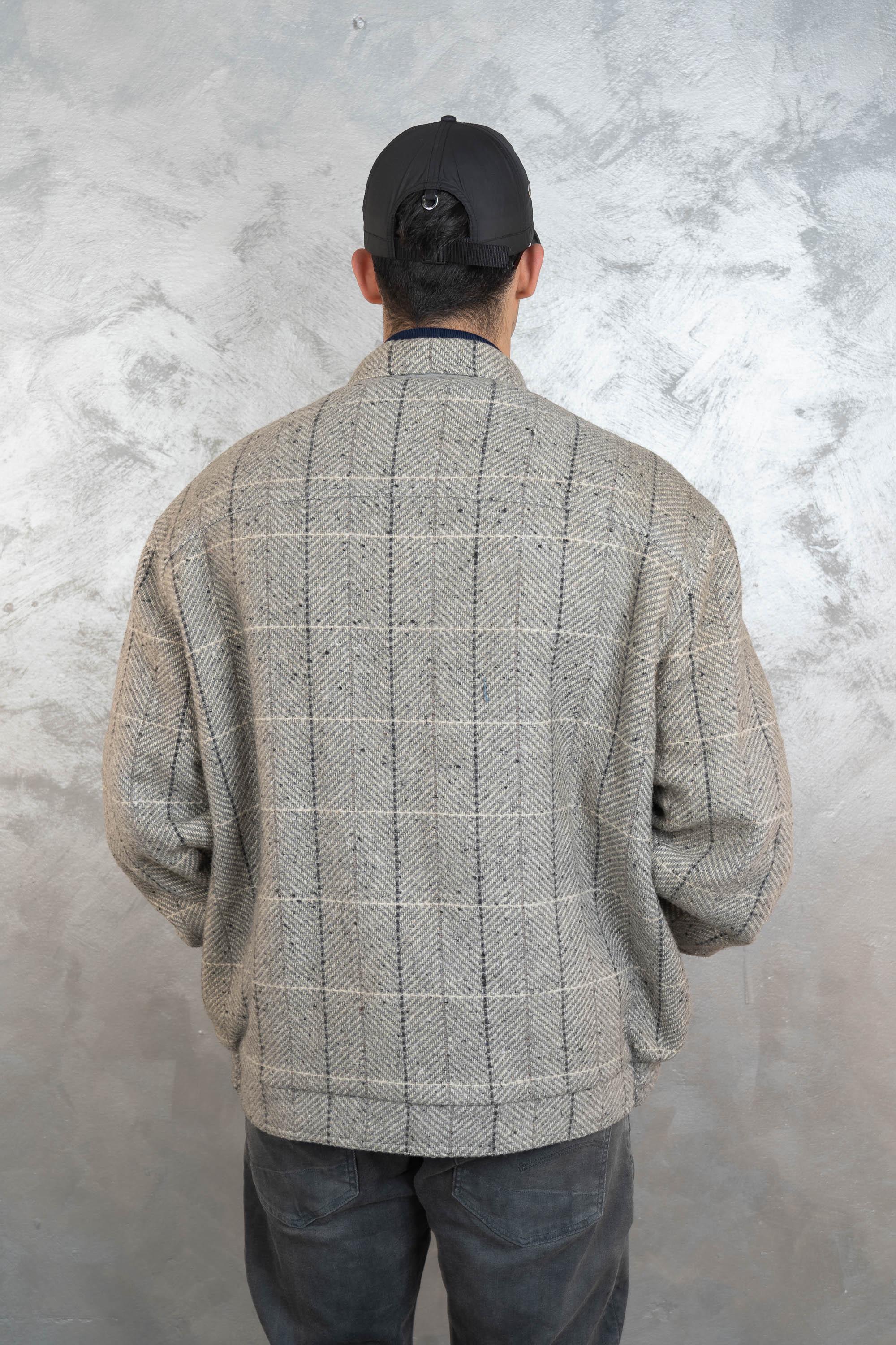 Vintage Woolen Bomber Jacket Gray Check Pattern Size L - XL Wool 