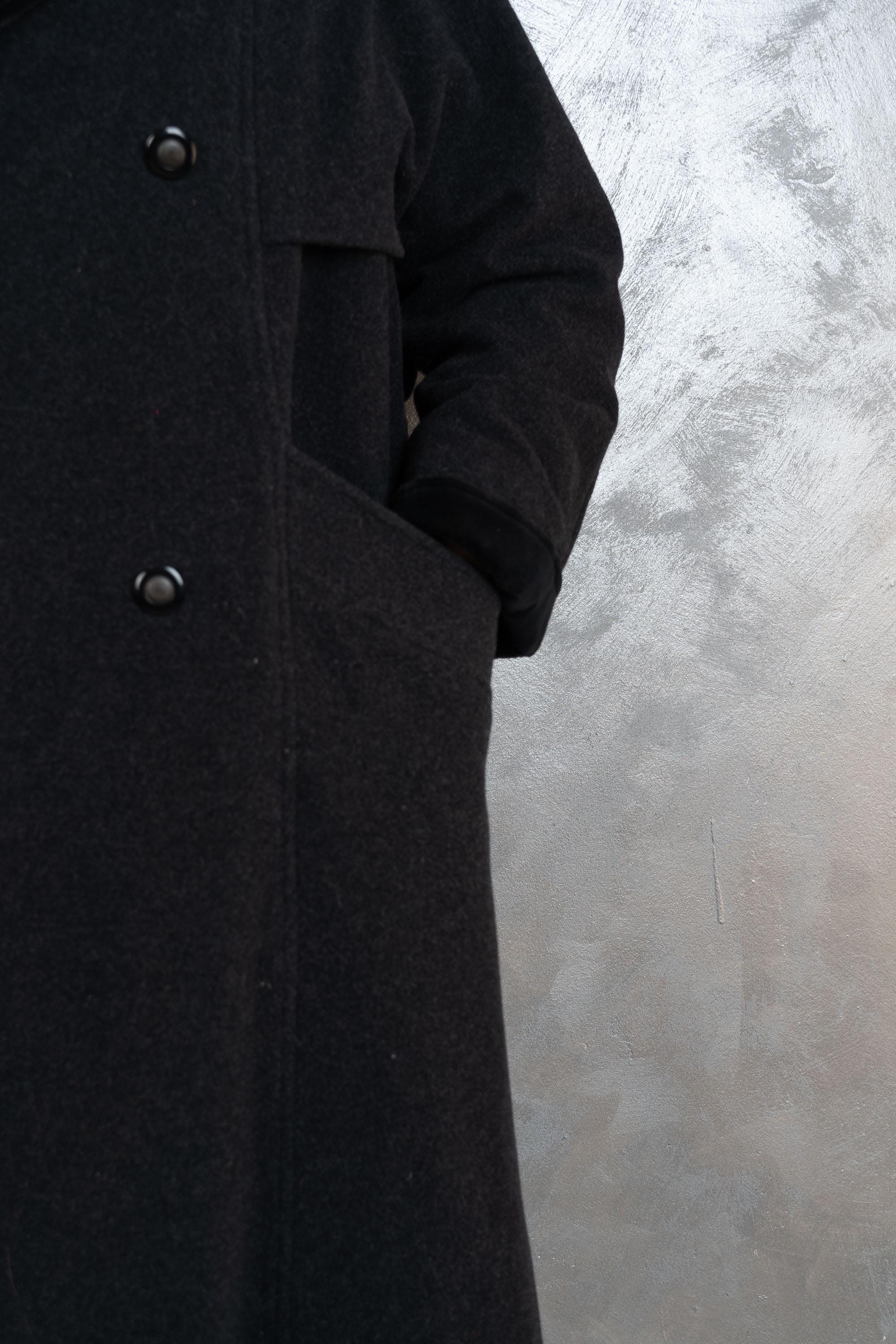 90s Vintage Black Loden Wool Coat European Overcoat, Size Large