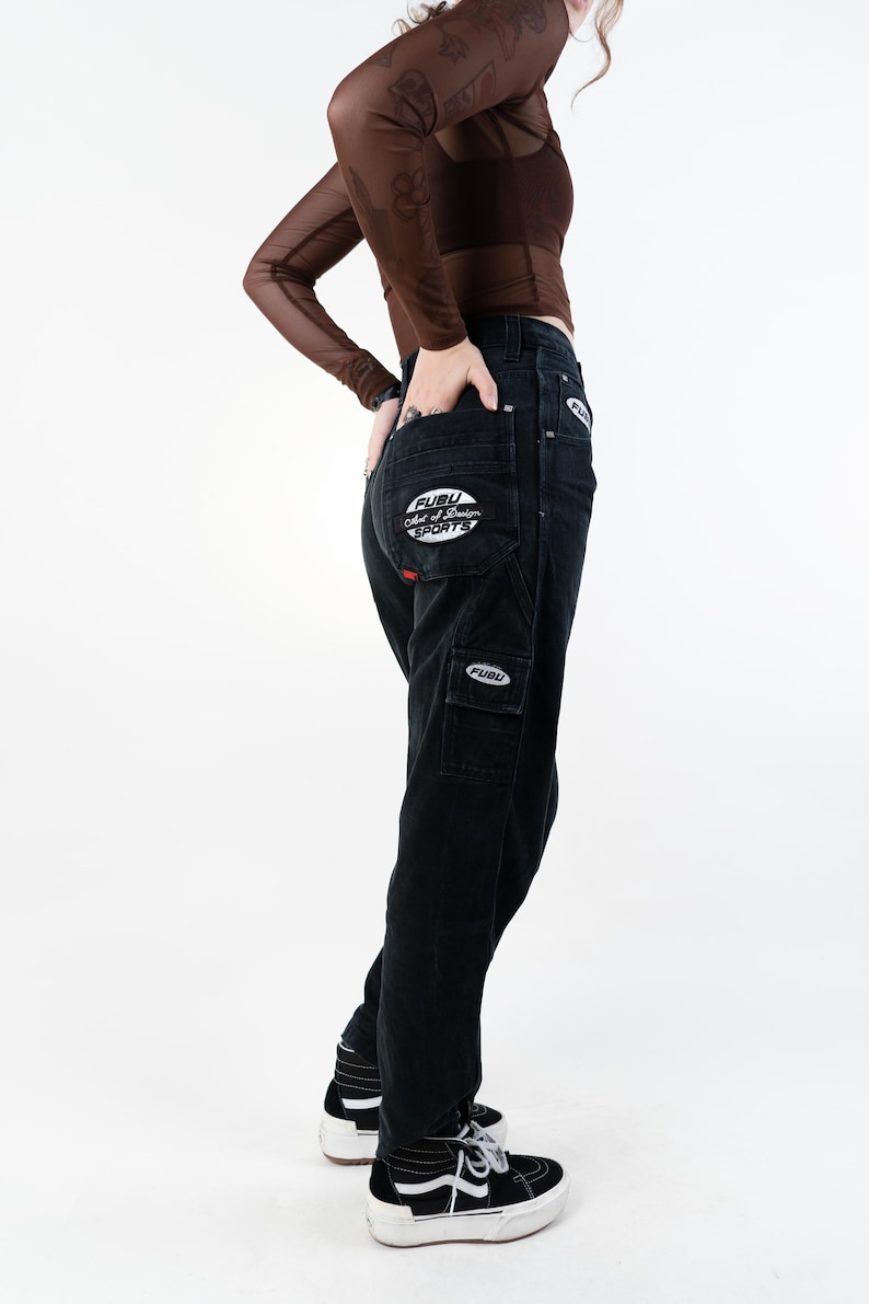 Vintage cargo denim pants black with pockets high waist Size S 80s 90s image 6