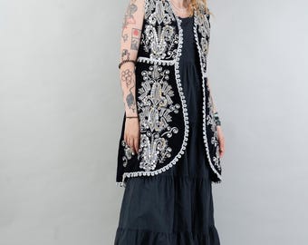 ヴィンテージ VTG ネイビー ブルー シルク ベルベット刺繍ロング
