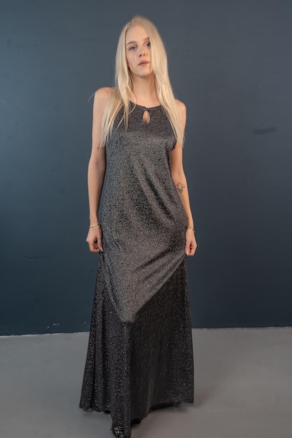 vintage Black maxi glitter dress slip dress size L glamor dress 90s second hand