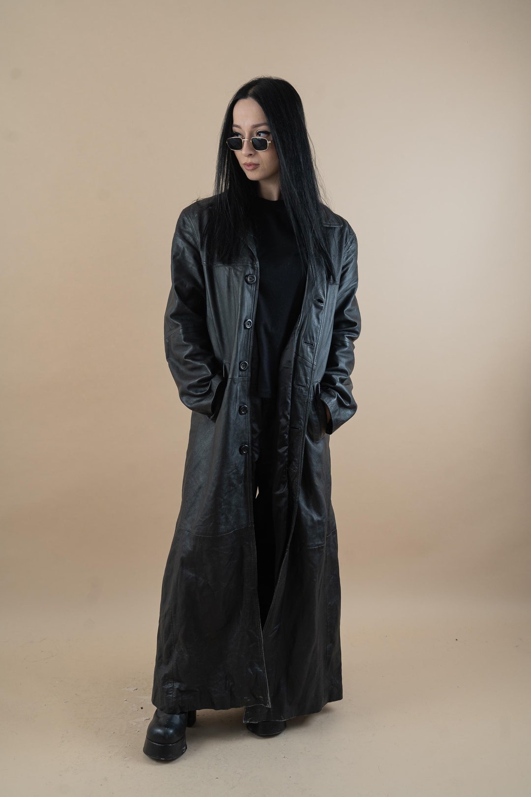 Vintage Leather Coat Overcoat Black Genuine Soft Leather Jacket