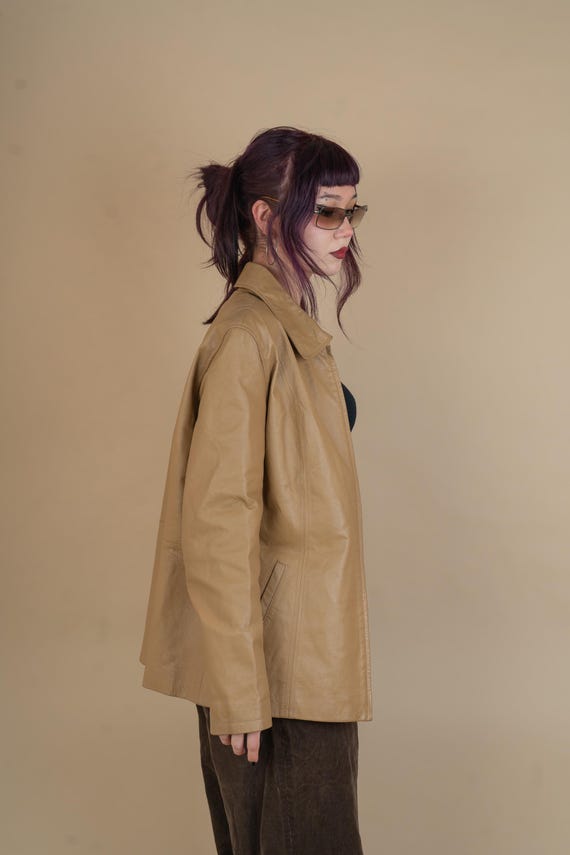 vintage leather jacket beige minimalist genuine leather jacket woman Size M 80s 90s
