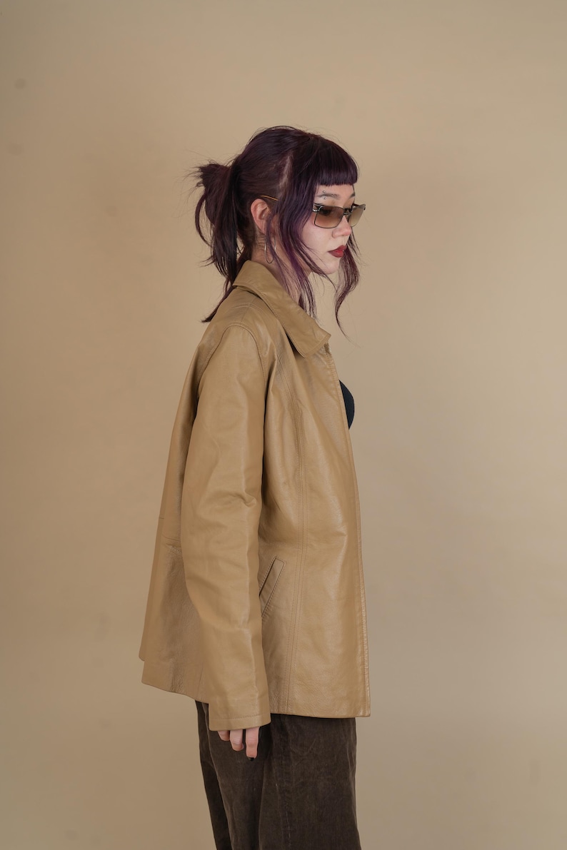 vintage leather jacket beige minimalist genuine leather jacket woman Size M 80s 90s