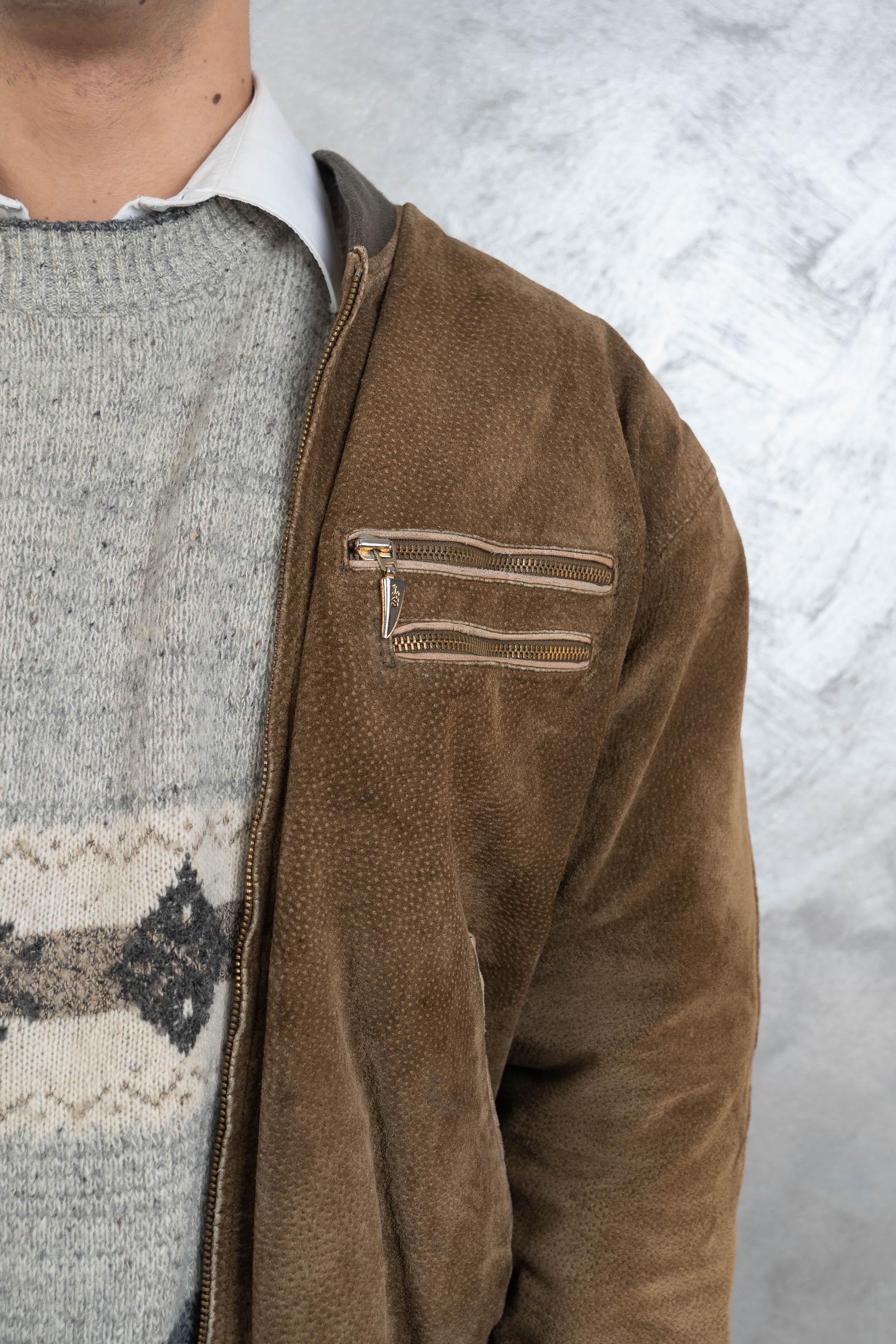 Veste Bomber Vintage Années 80 En Daim/Cuir - Taille L - Marron - Fermeture Éclair Complète