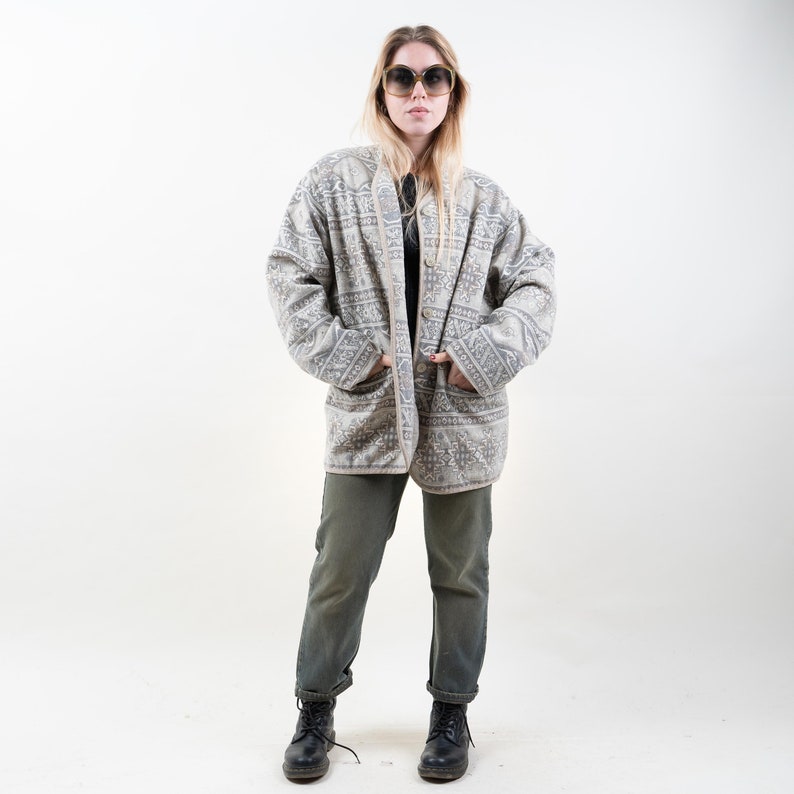 Vintage wool blend fleece jacket parka geometrical Navajo pattern Size L pastel brown pattern 80s vintage lined parka y2k grunge second hand image 1