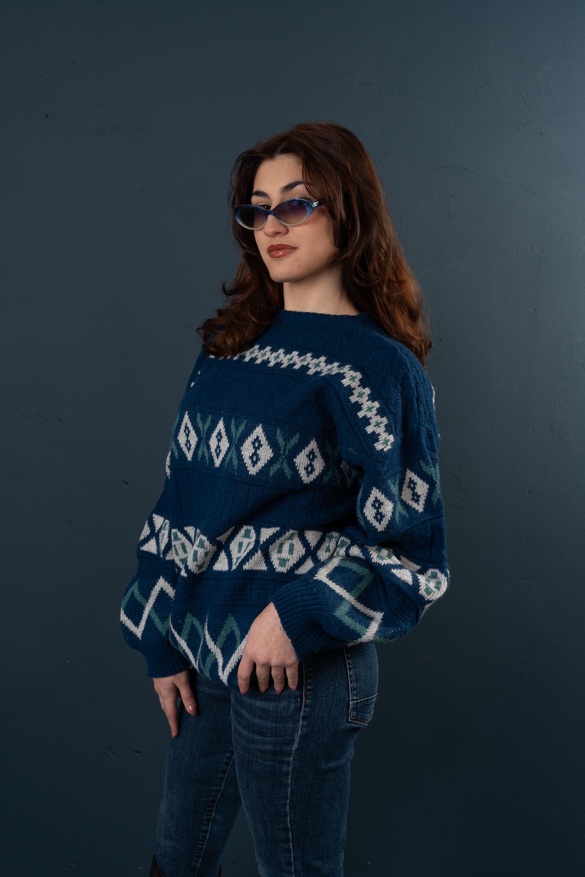 Vintage Grandpa Sweater Blue White Crazy Pattern Size L 80s 90s - Etsy