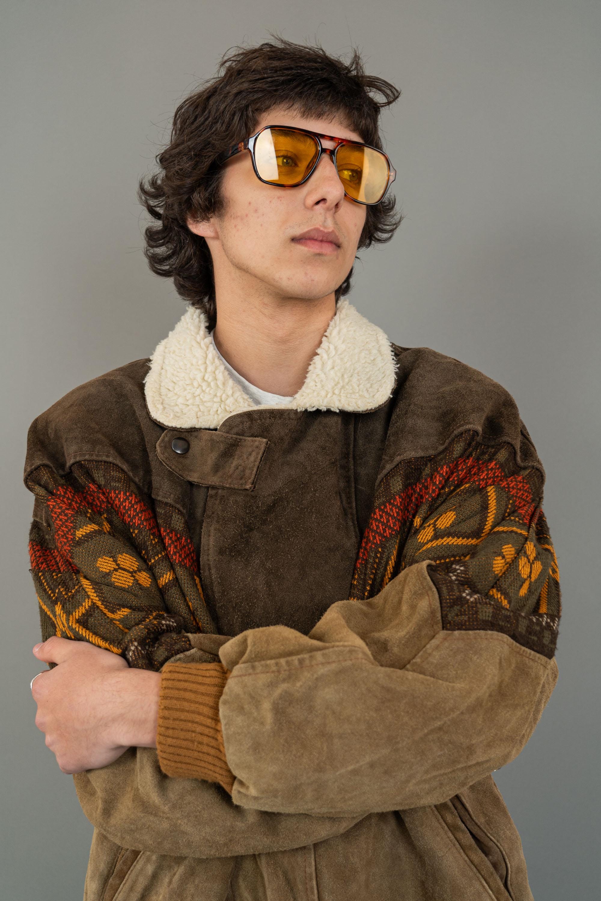 Vintage Aztec Sherpa Bomber Jacket Suede Leather Man XL Woman