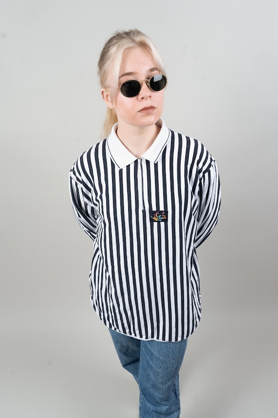 Vintage Striped Shirt Quarter Zip Black and White Striped Cotton