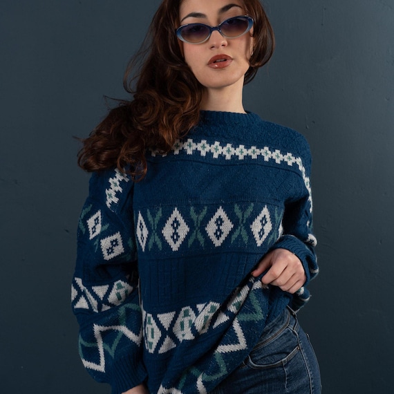 Vintage Grandpa Sweater Blue White Crazy Pattern Size L 80s 90s - Etsy
